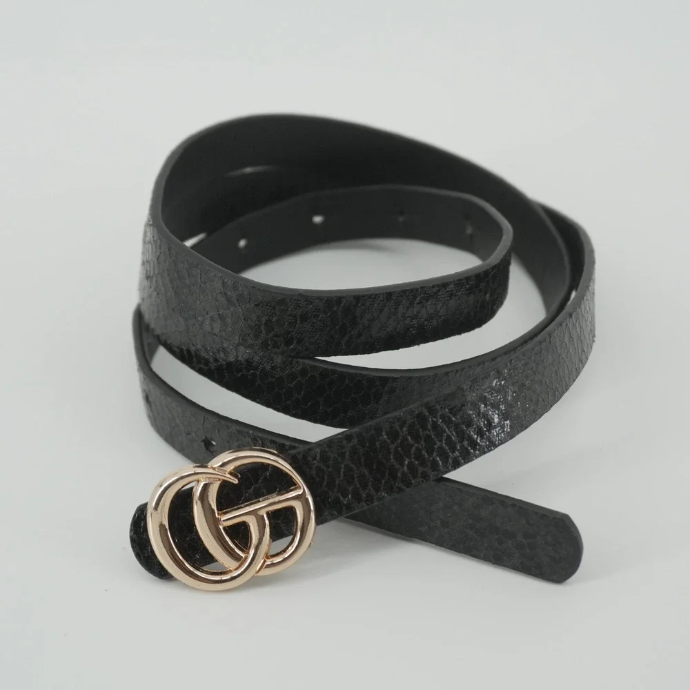 Skinny Belt Women Size M Black Gold Interlocking G Buckle Reptile